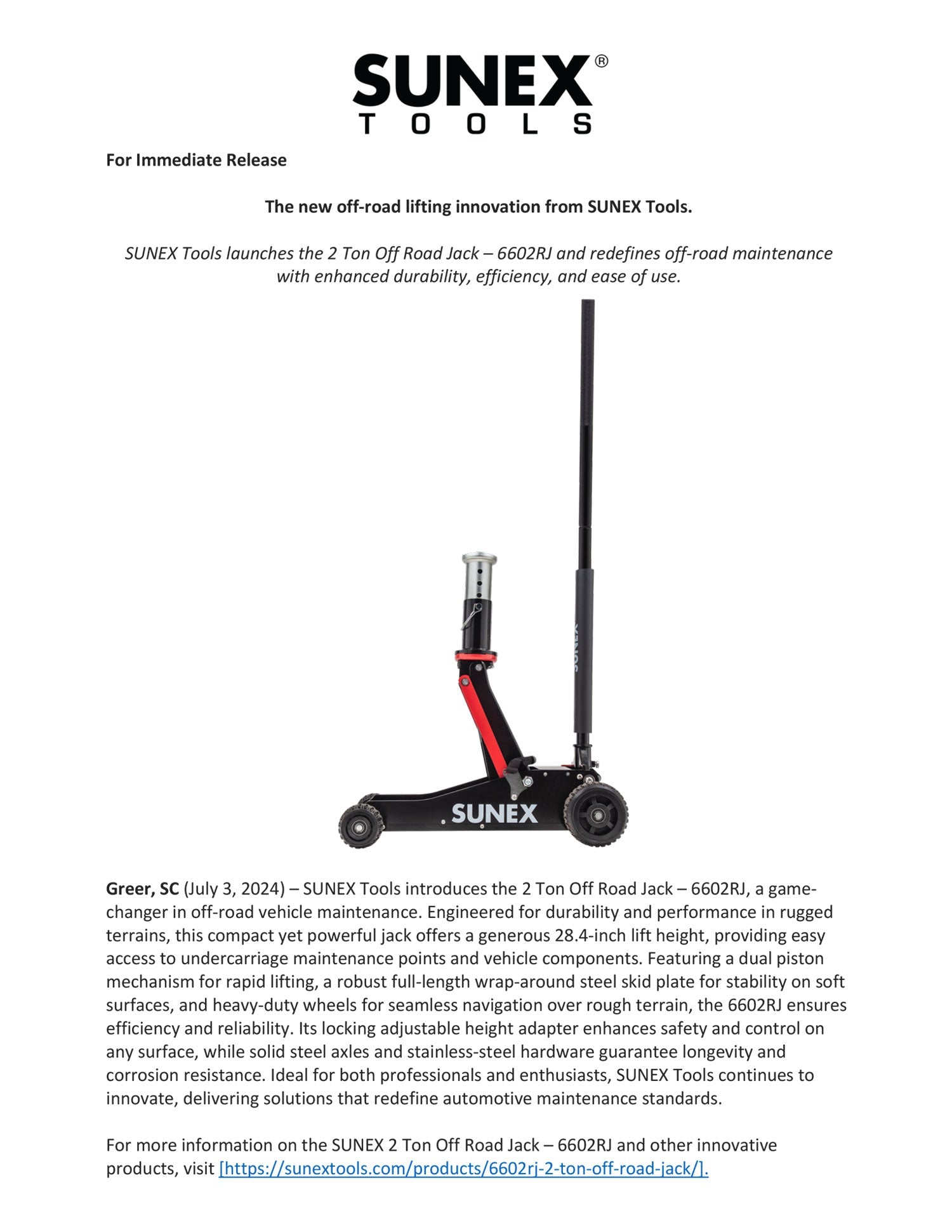 SUNEX Tools 2 Ton Off-Road Jack Press Release 6602RJ