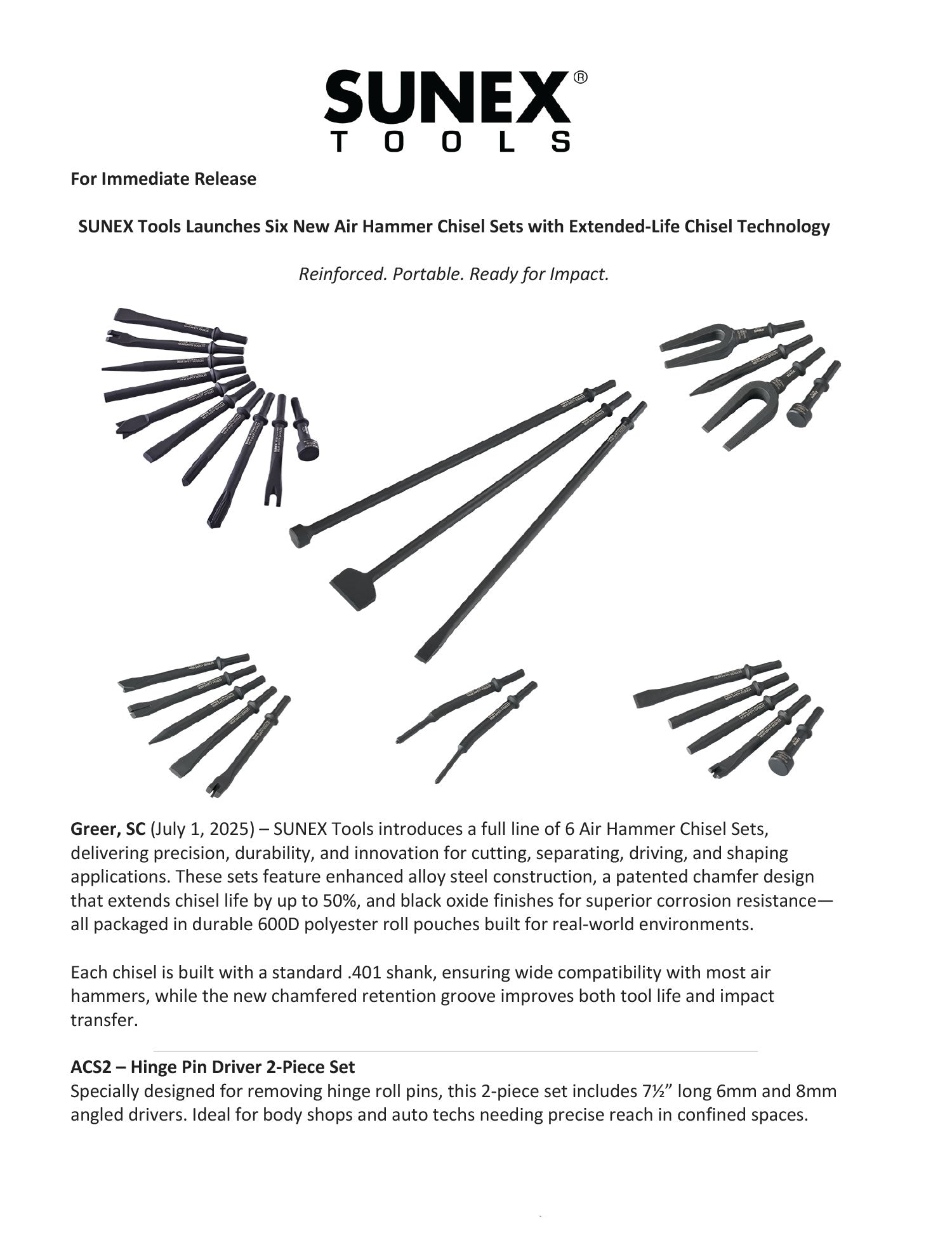 SUNEX Tools Air Hammer Chisel Sets [ACS2, ACS3, ACS4, ACS5C, ACS5S, ACS10] Press Release Thumbnail