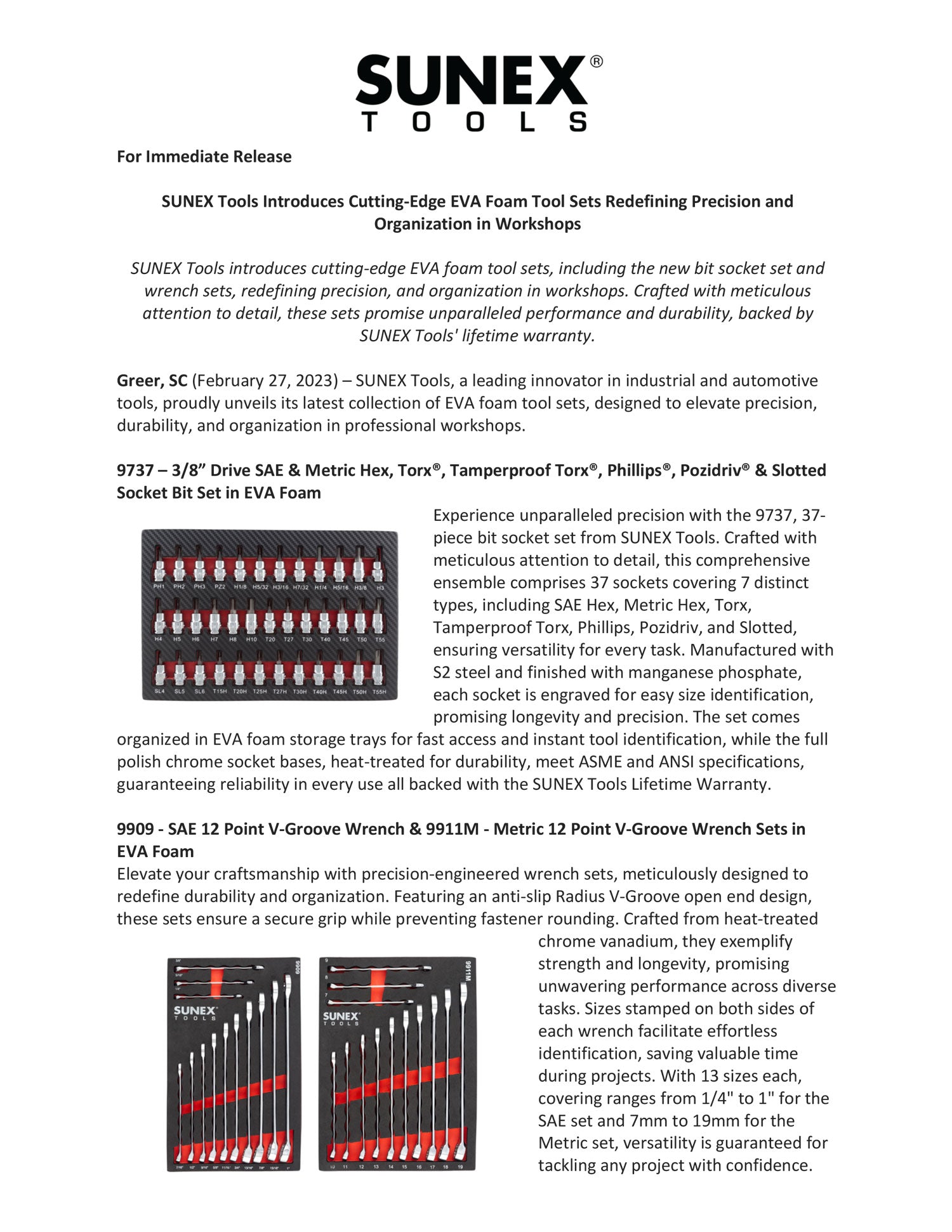 SUNEX Tools 9737, 9909 & 9911M EVA Foam Tool Sets Press Release