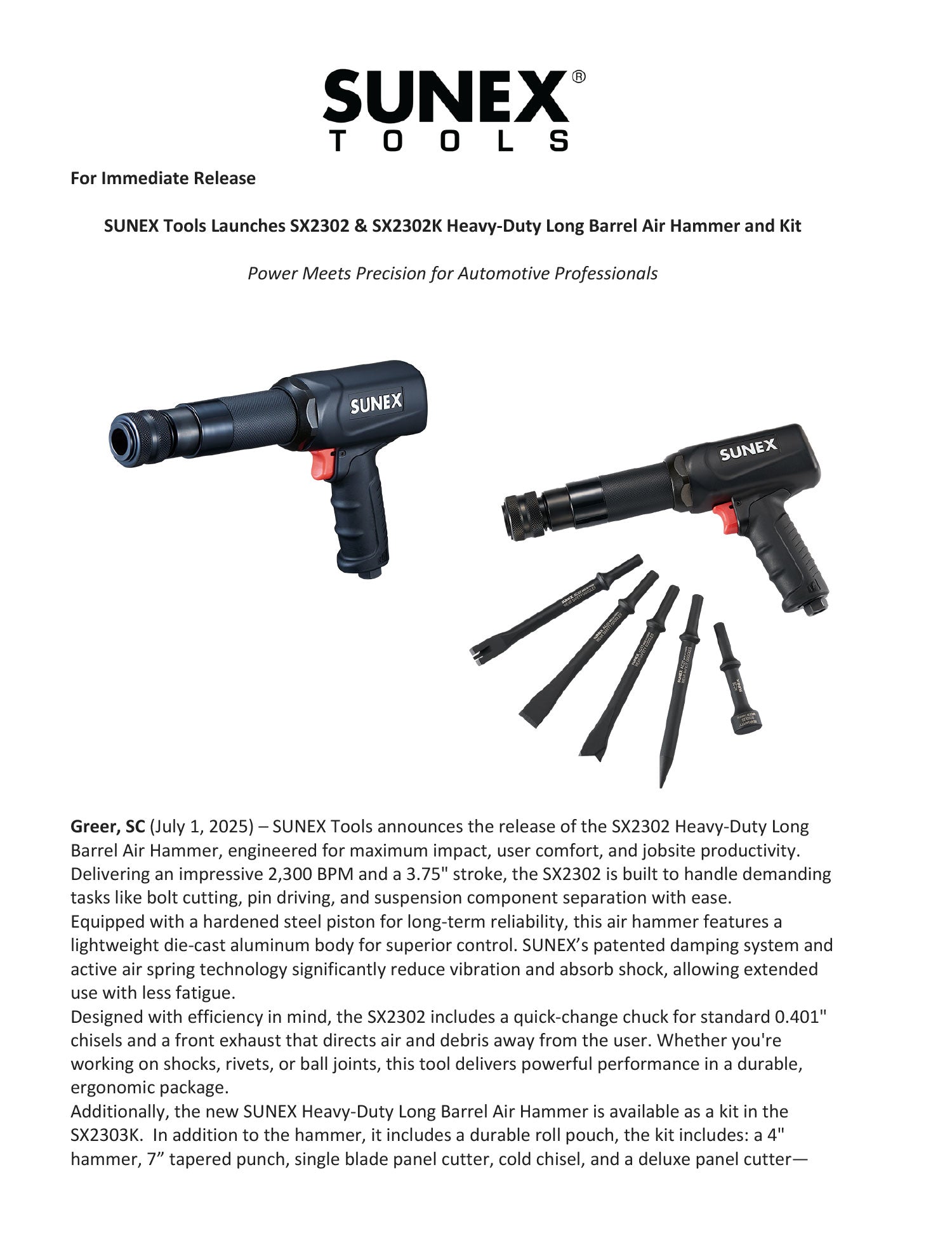SUNEX Tool Heavy-Duty Long Barrel Air Hammer and Air Hammer Kit Press Release Thumbnail.