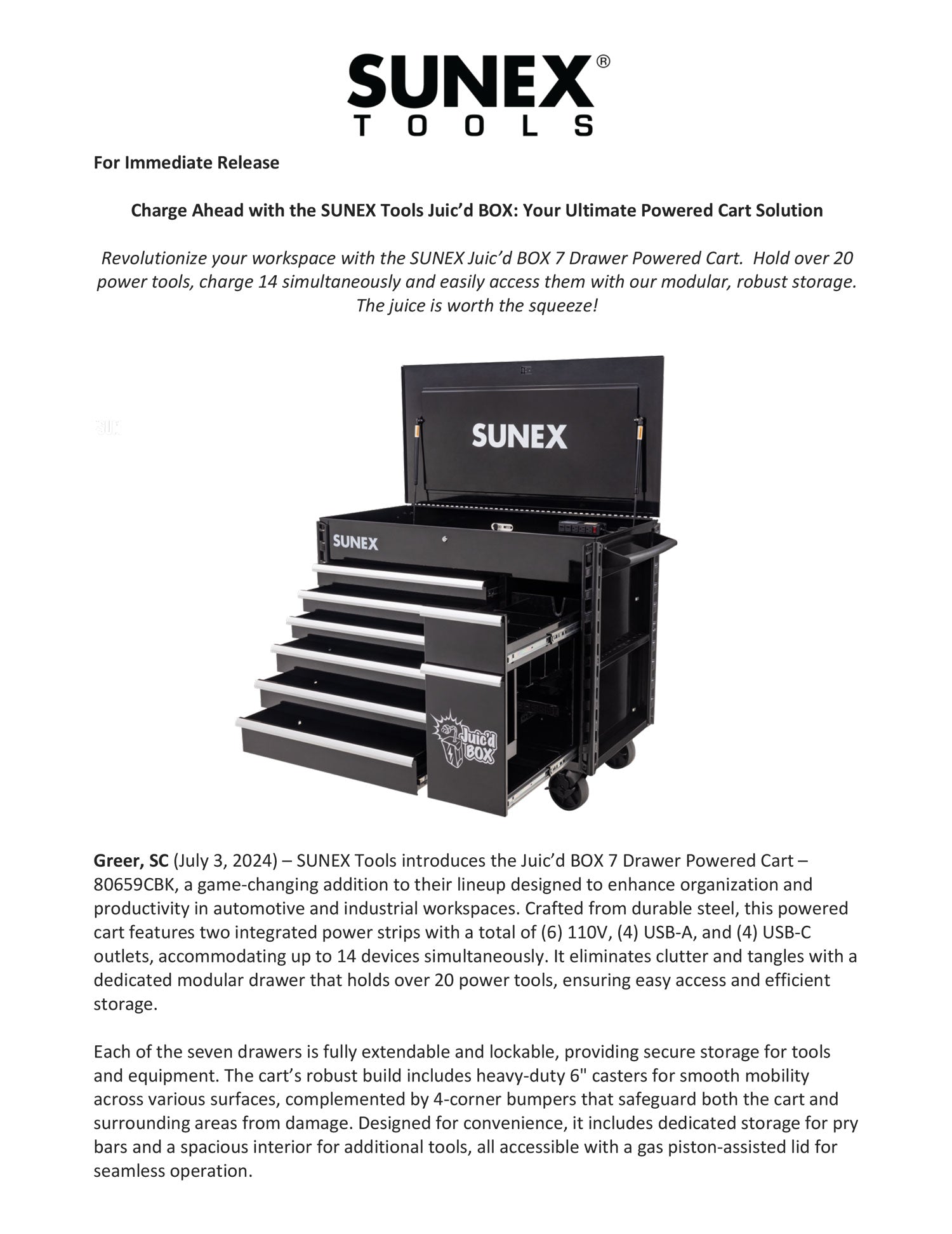 SUNEX Tools 8065PCBK Juic'd BOX 7 Drawer Powered Cart Press Release