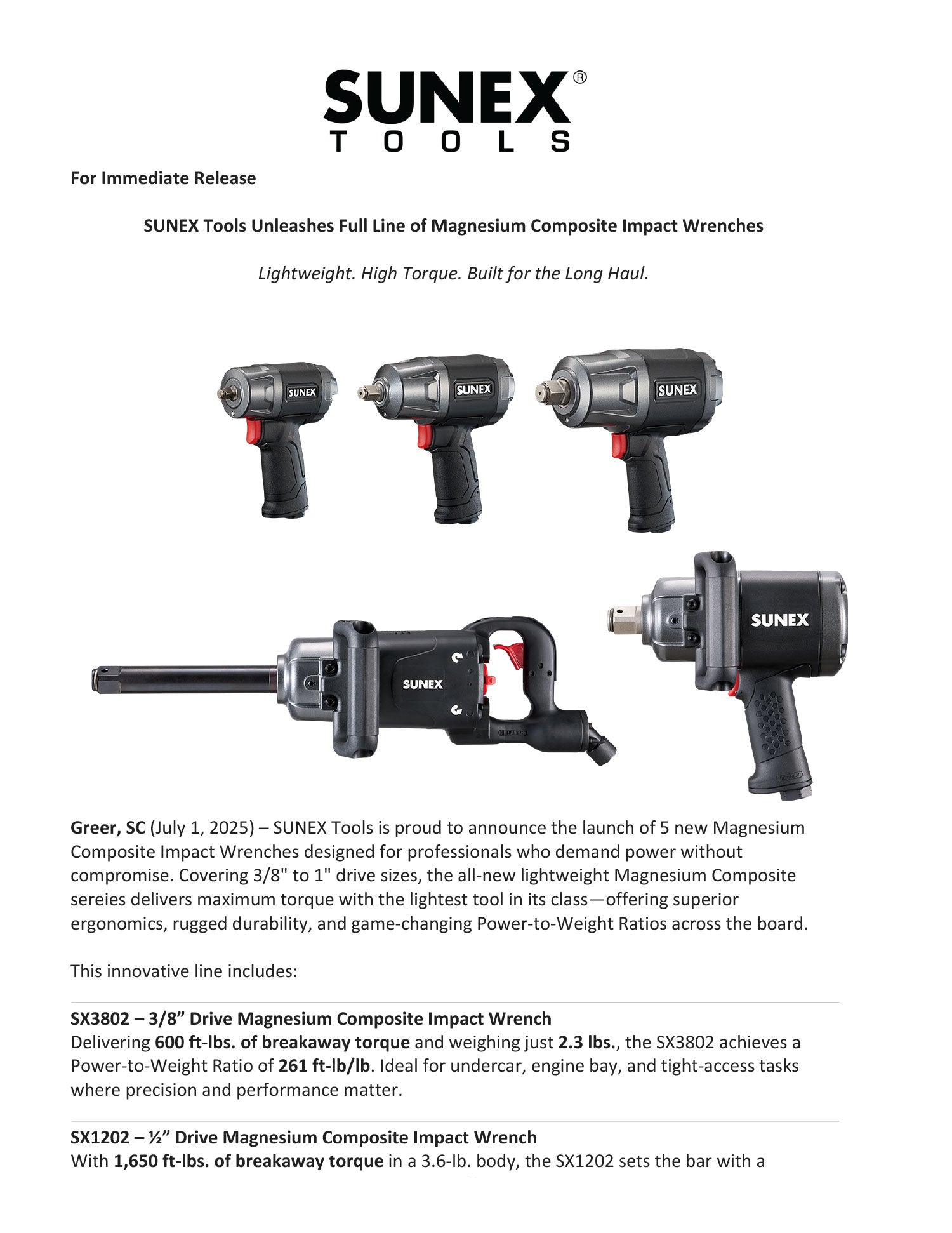 SUNEX Tools Magnesium Composite Impact Wrenches [SX3802, SX1202, SX3402, SX0102, SX010206] Press Release Thumbnail