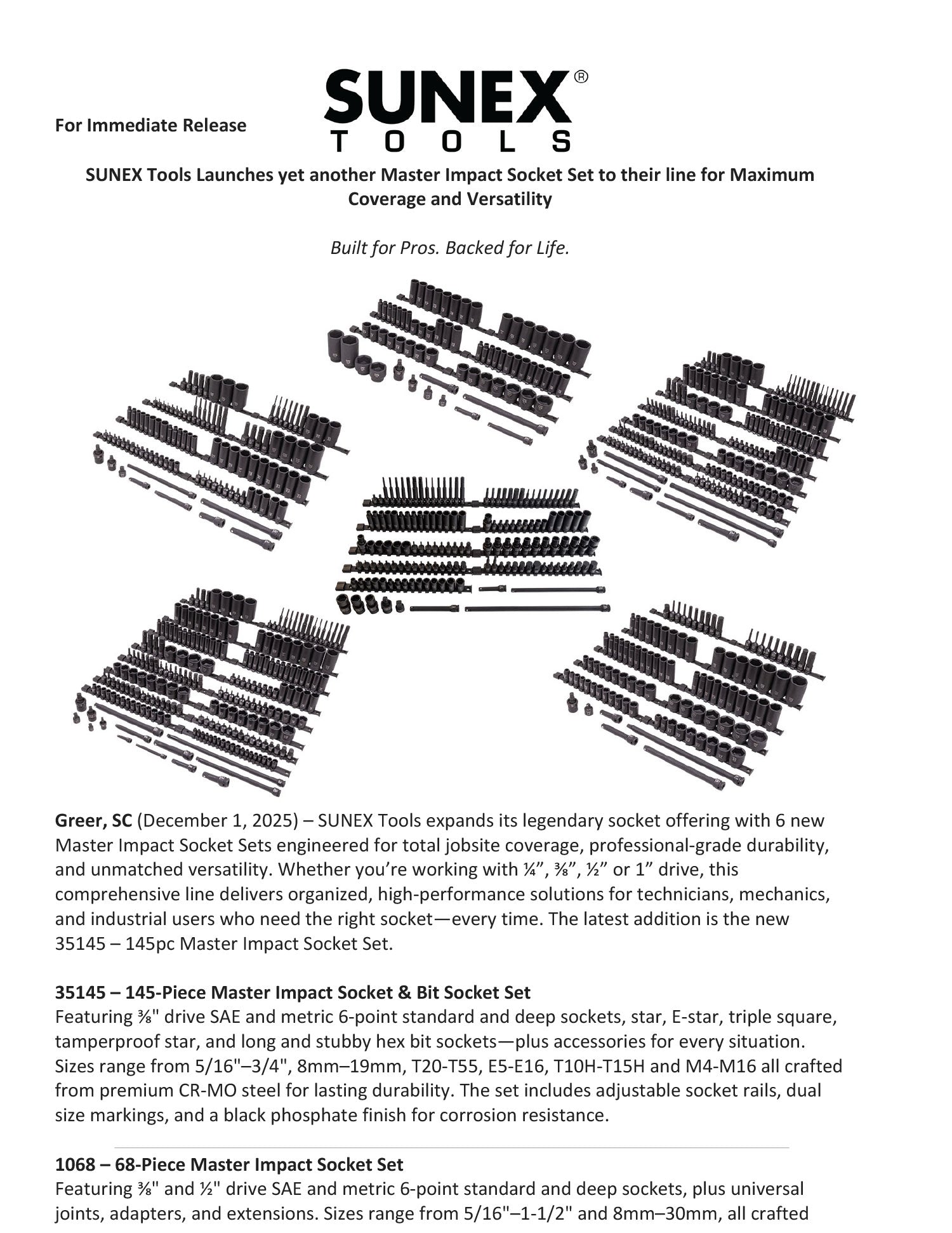 Press Release for SUNEX Tools Master Impact Socket Set with product details on a white background