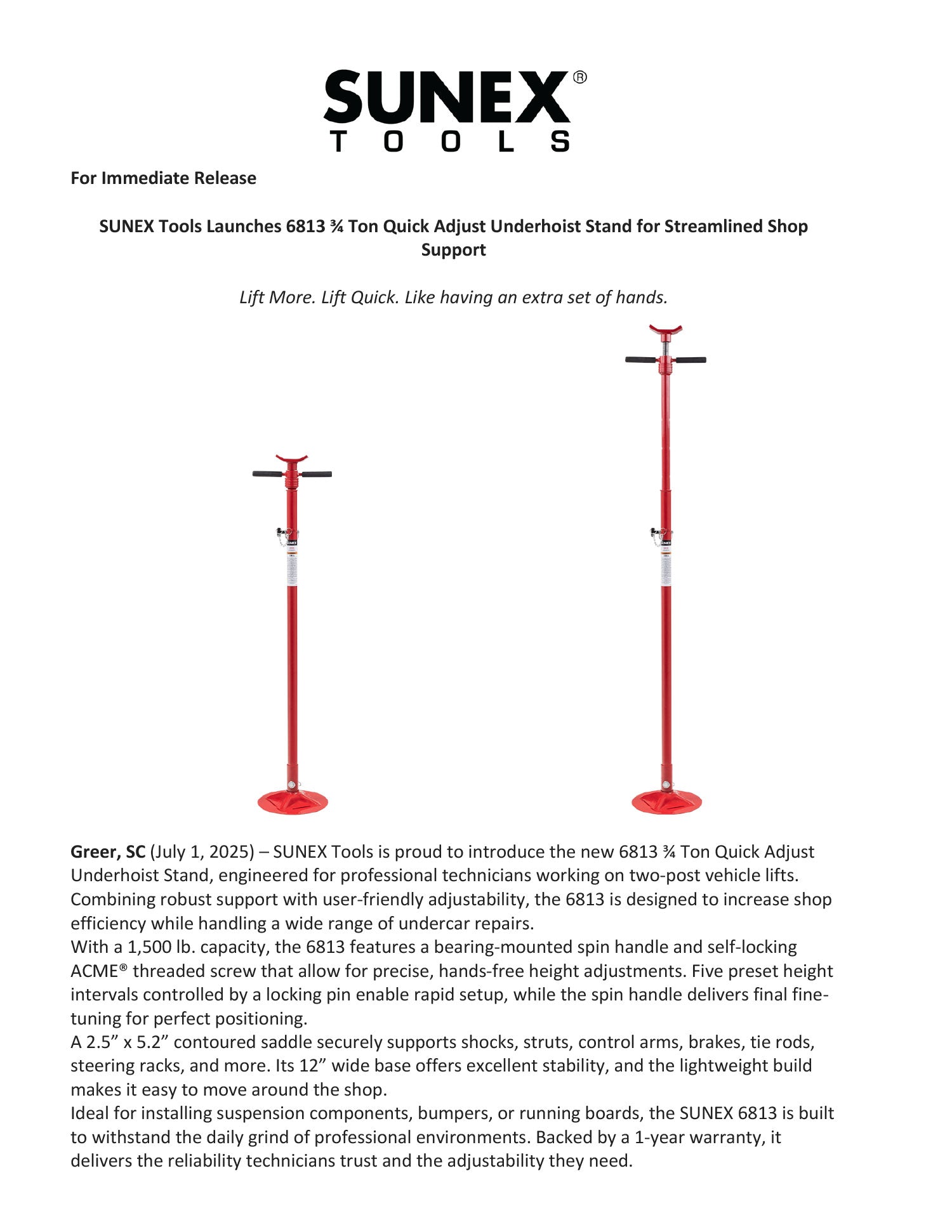 SUNEX Tools Quick Adjust Underhoist Stand [6813] Press Release Thumbnail
