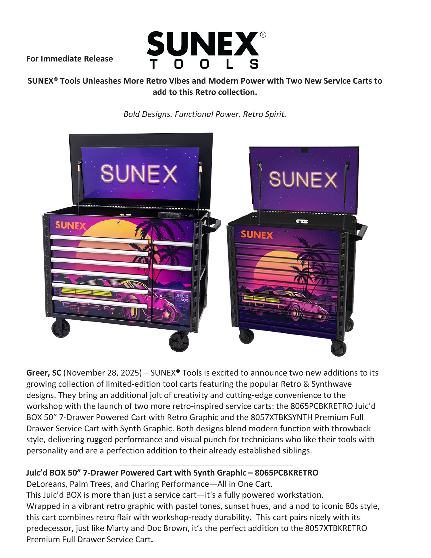 SUNEX Tools retro-themed tool carts with colorful designs on a white background press release