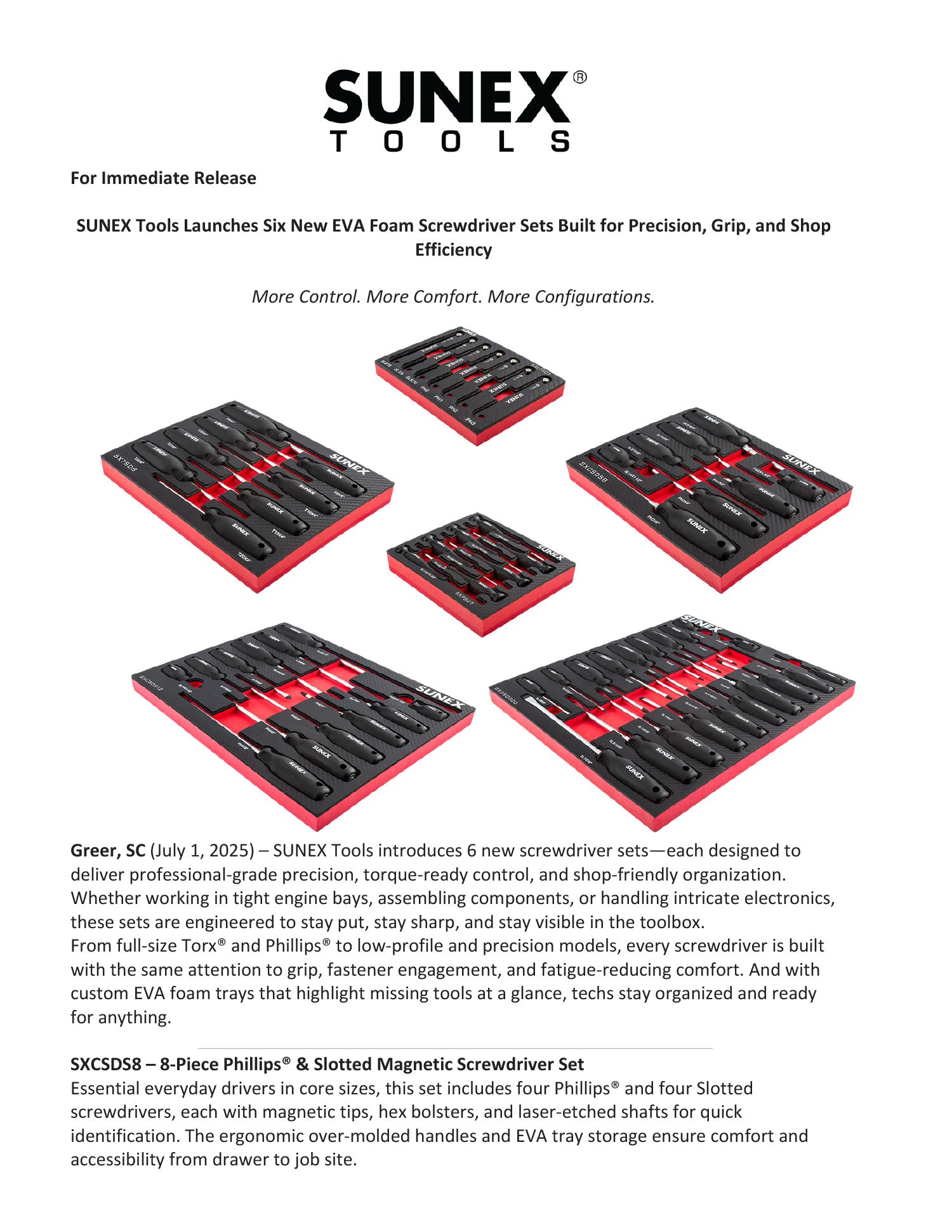 SUNEX Tools Screwdriver Sets in EVA Foam Storage Trays [SXCSDS8, SXCSDS12, SXCSDS20, SXLPSD7, SXPSD7, SXTSD8] Press Release Thumbnail
