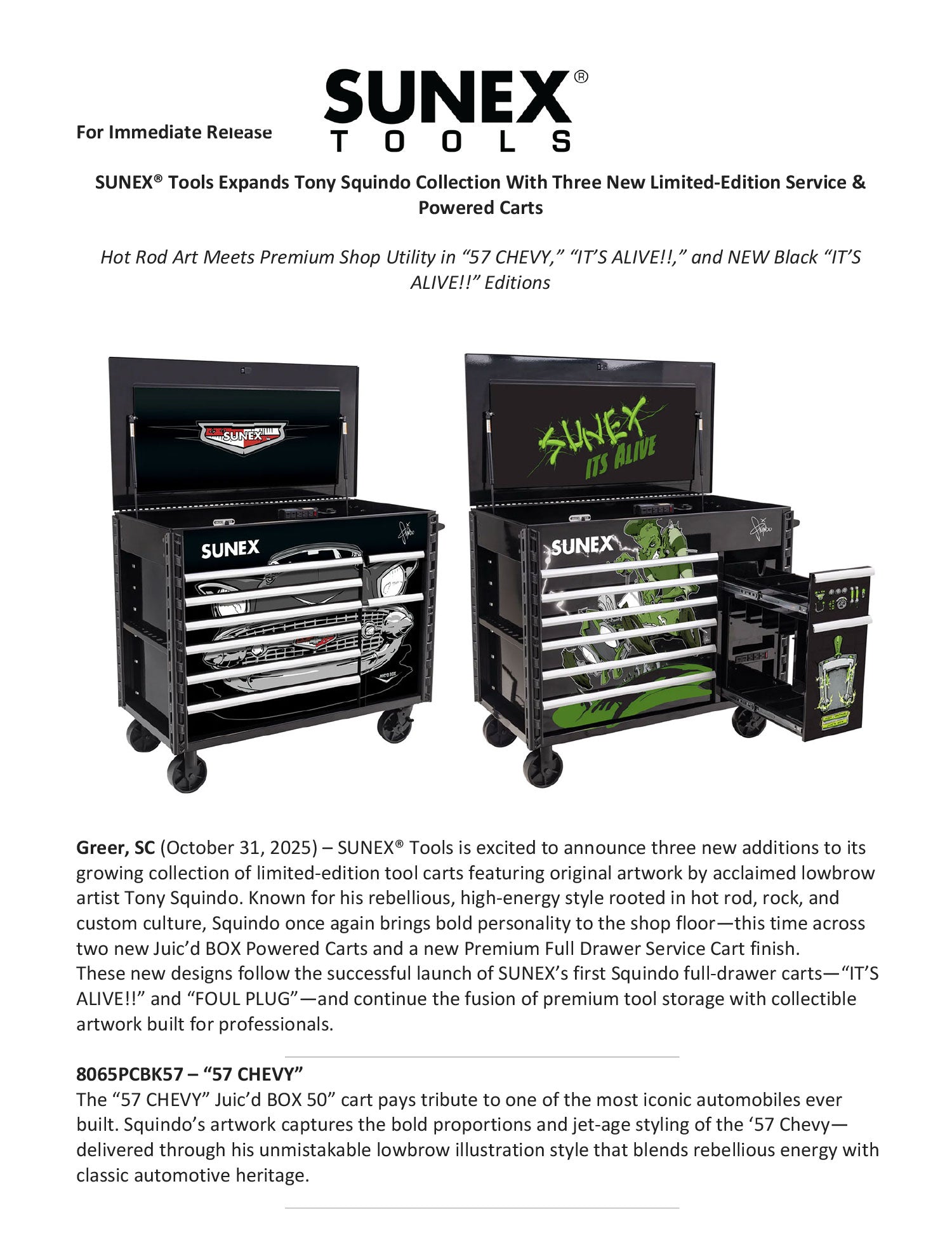 SUNEX Tools Press Release with two service carts and promotional text about new limited edition products.