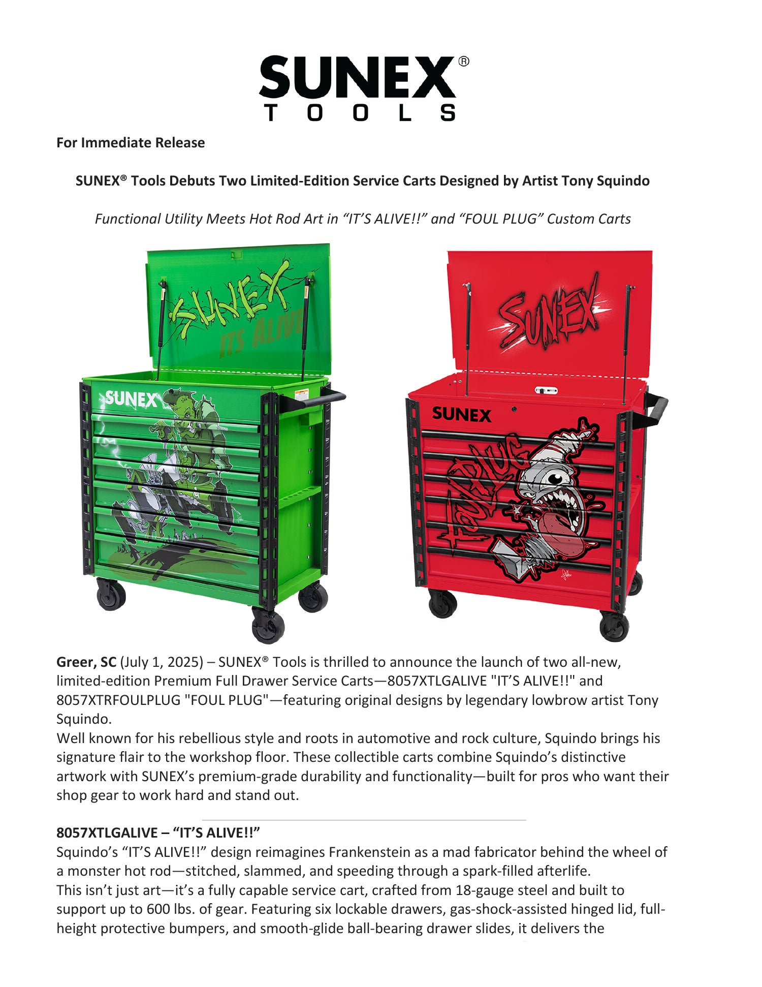 SUNEX Tools Tony Squindo Designed Service Carts - It's Alive and Foul Plug [8057XTLGALIVE, 8057XTRFOULPLUG] Press Release Thumbnail