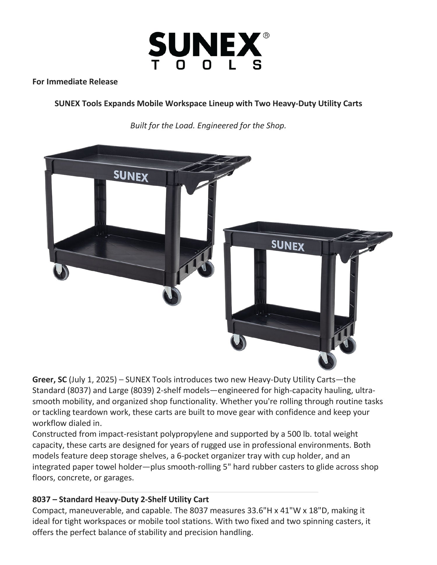 SUNEX Tools Heavy-Duty Utility Carts [8037 & 8039] Press Release Thumbnail