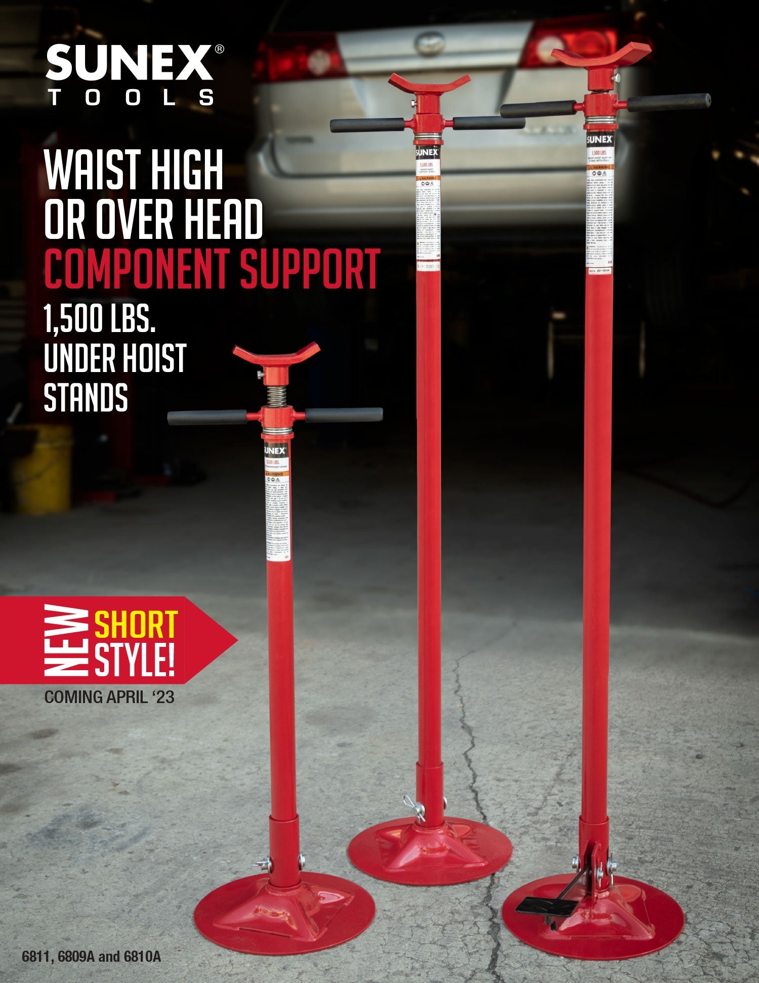 SUNEX Tools 6811, 6809A and 6810A underhoist stand shown behind a lifted vehicle.