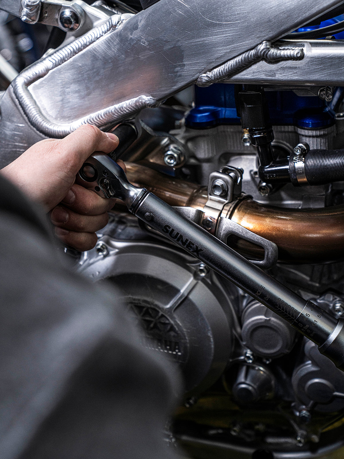 SUNEX 31080 Torque Wrench being used on a motorcycle by AmPro Yamaha Technician