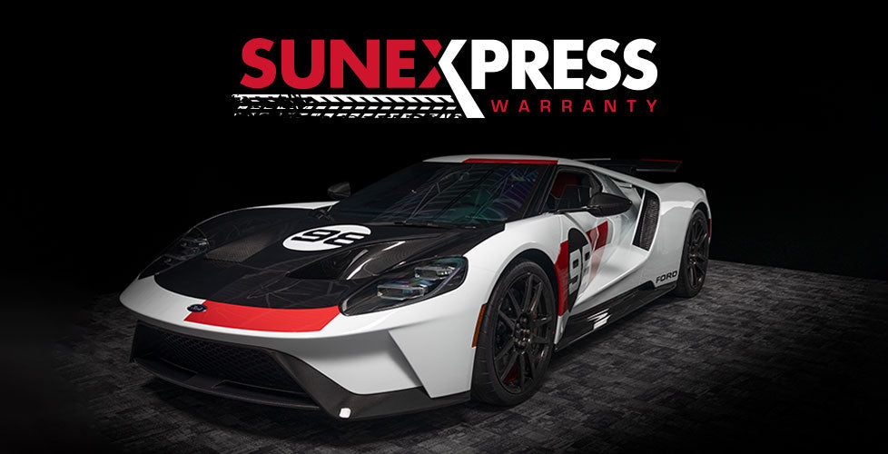 Ford GT in SUNEX red and black with SUNEXPRESS Warranty icon above it.