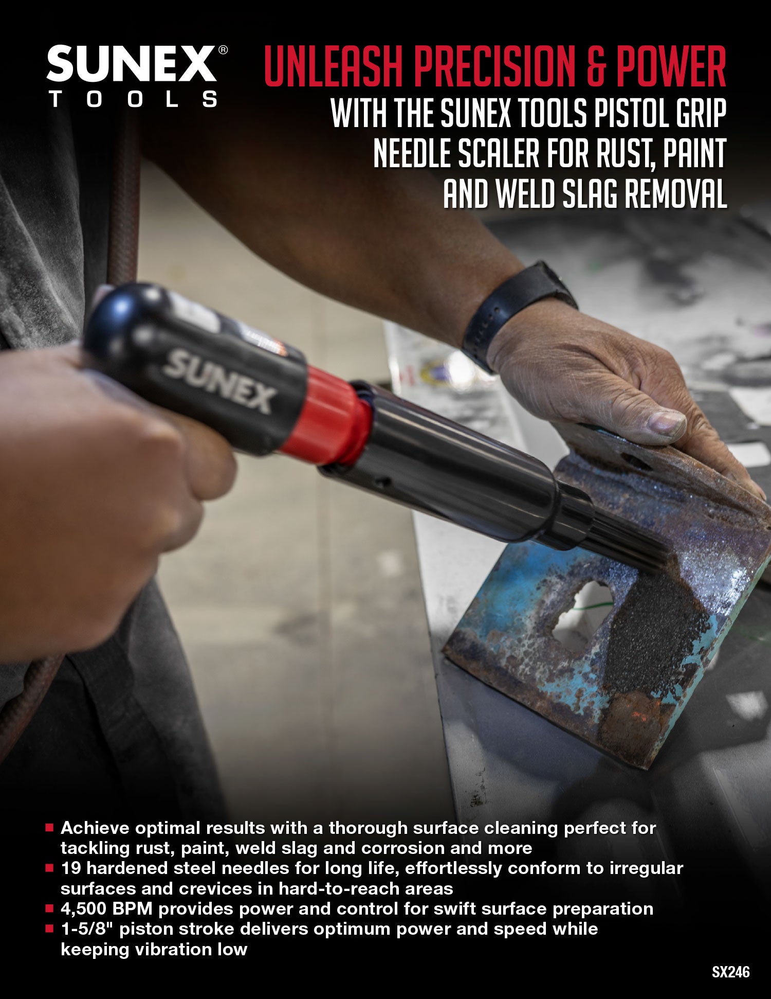 SUNEX Tools SX246 Pistol Grip Needle Scaler being used to remove rust from steel.