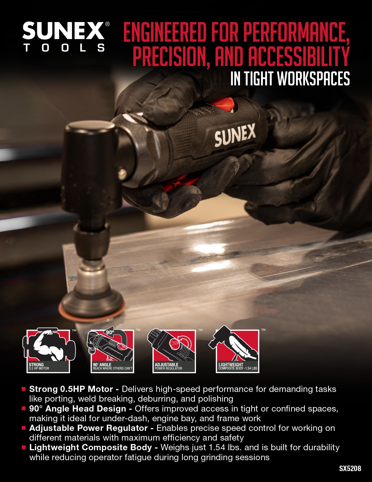 SUNEX tools angle grinder being used on metal with product features highlighted.