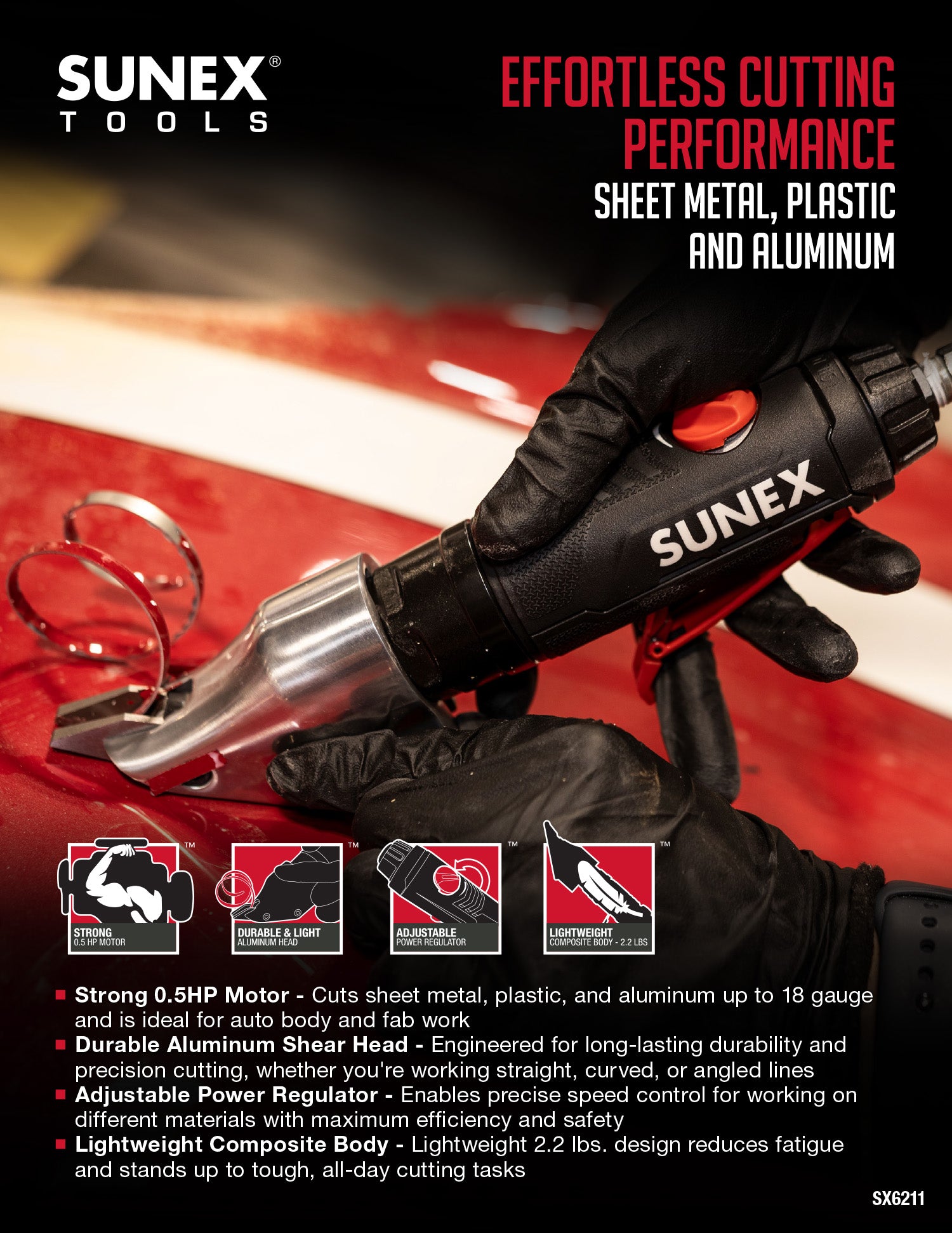SUNEX tool cutting sheet metal, plastic, and aluminum with text highlighting features.