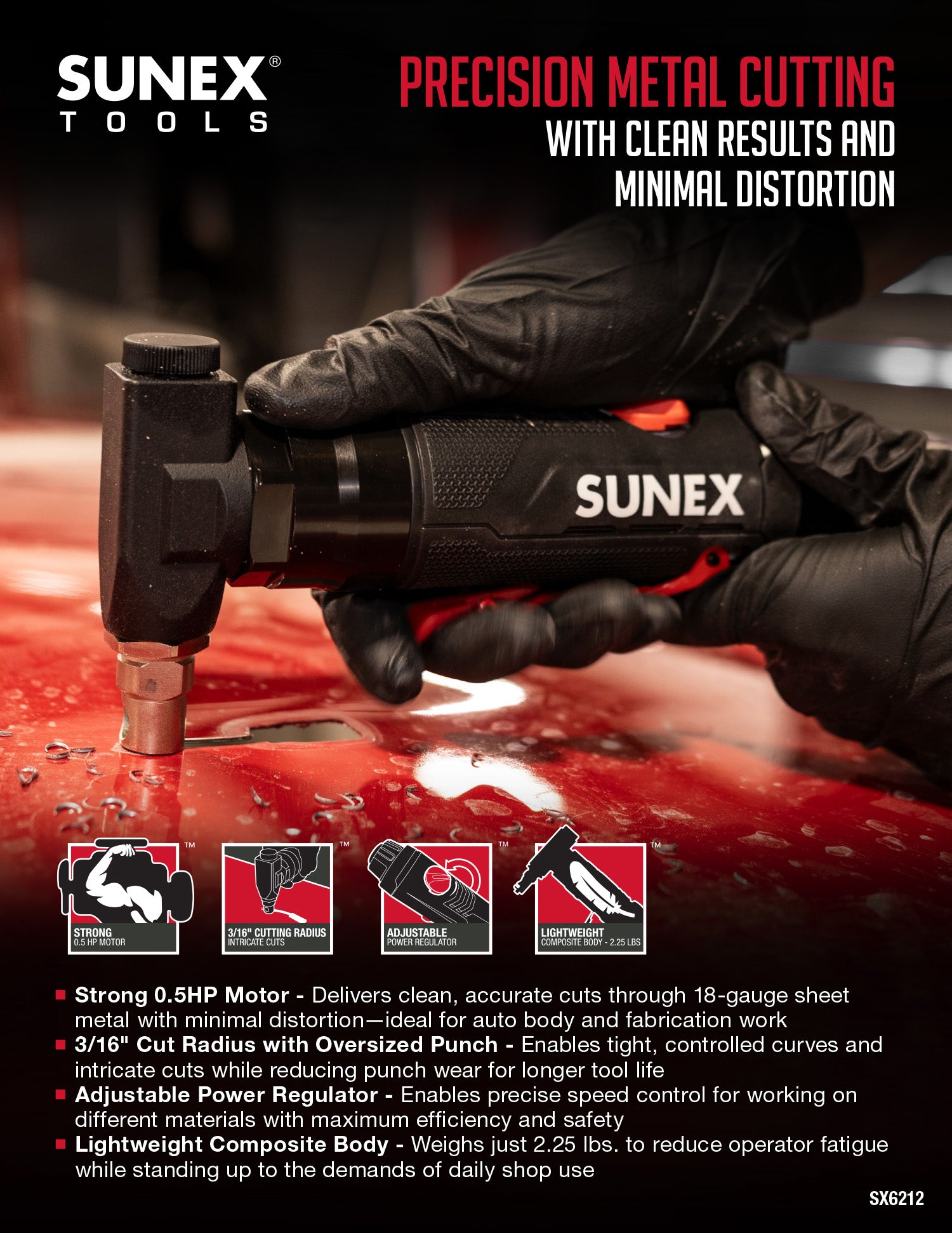 SUNEX tool being used for precision metal cutting with text highlighting features.