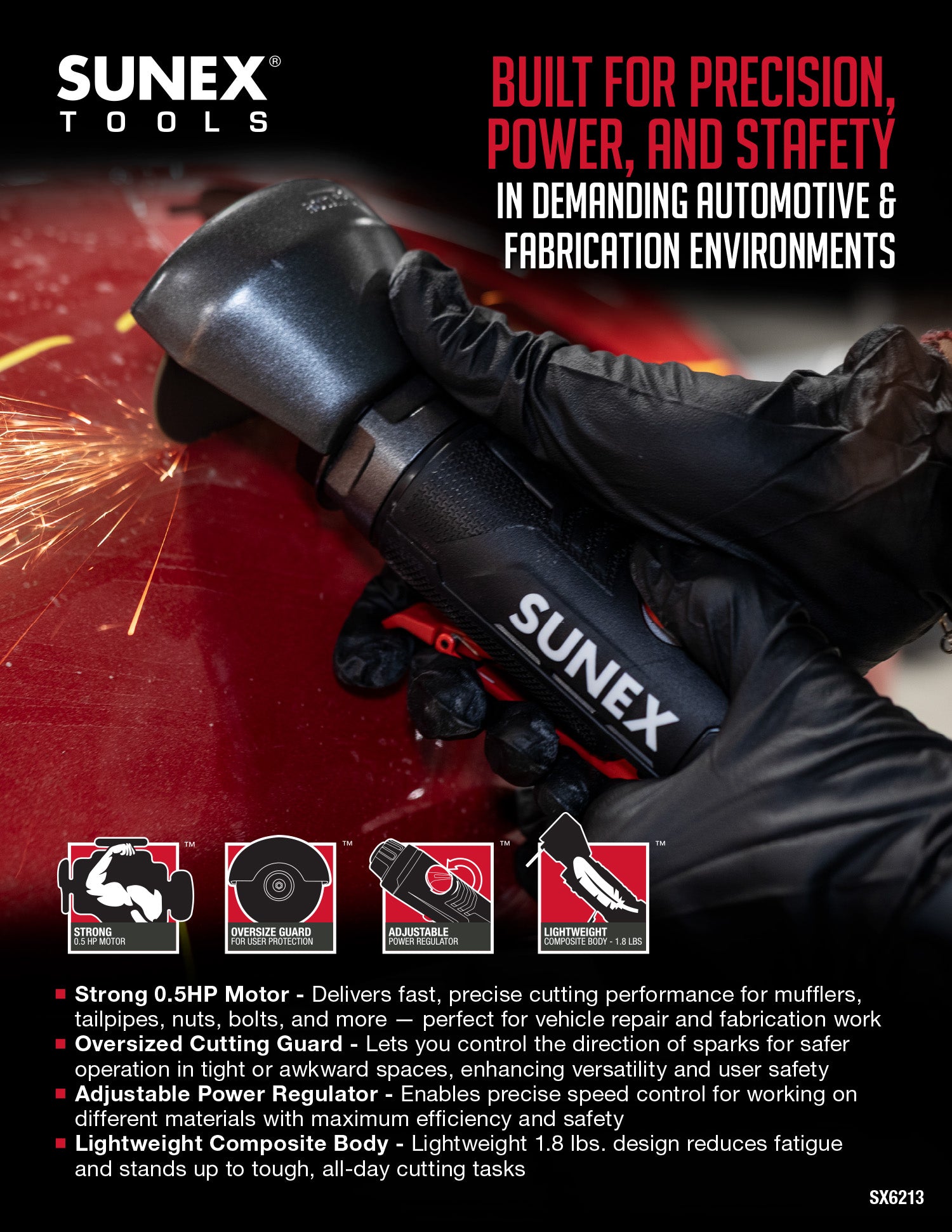 SUNEX tool being used with sparks, highlighting precision, power, and safety in automotive and fabrication environments.