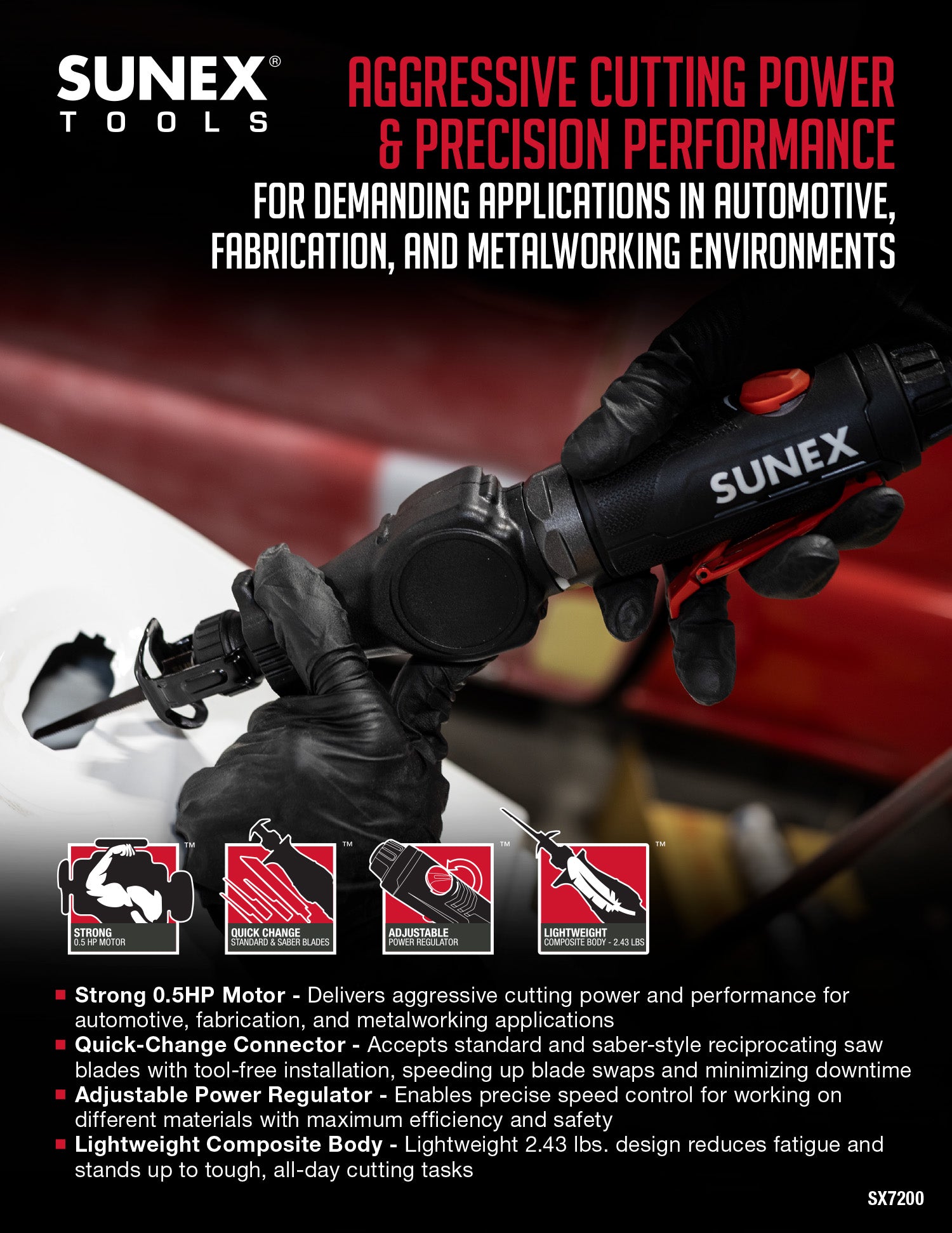 SUNEX tools advertisement with a tool being used on a car, highlighting aggressive cutting power and precision performance.