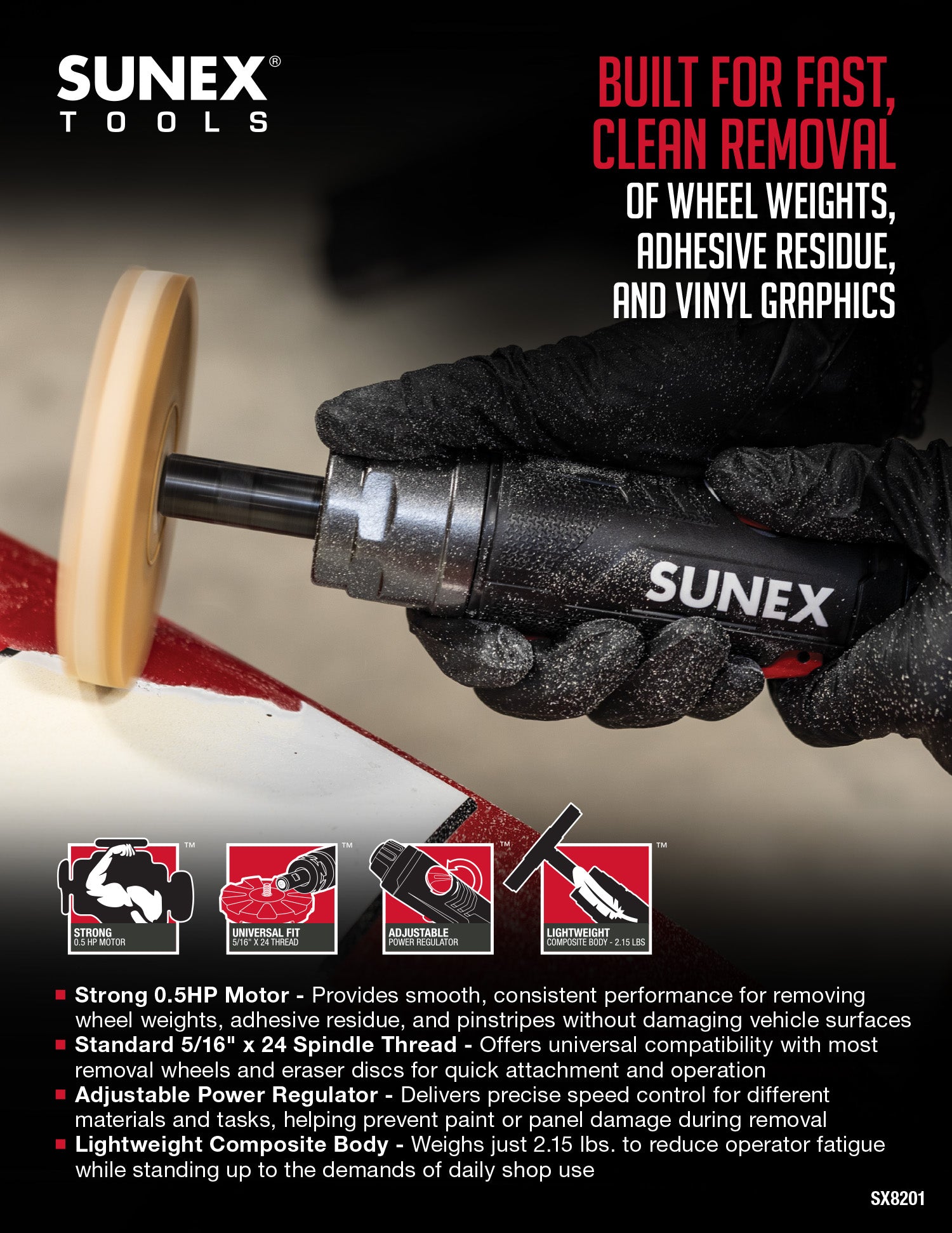 SUNEX tool for removing wheel weights, adhesive residue, and vinyl graphics with a gloved hand holding it.