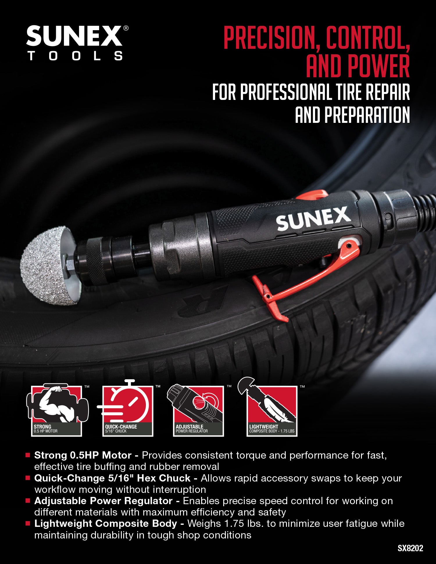 SUNEX tool for tire repair on a black background with product details.