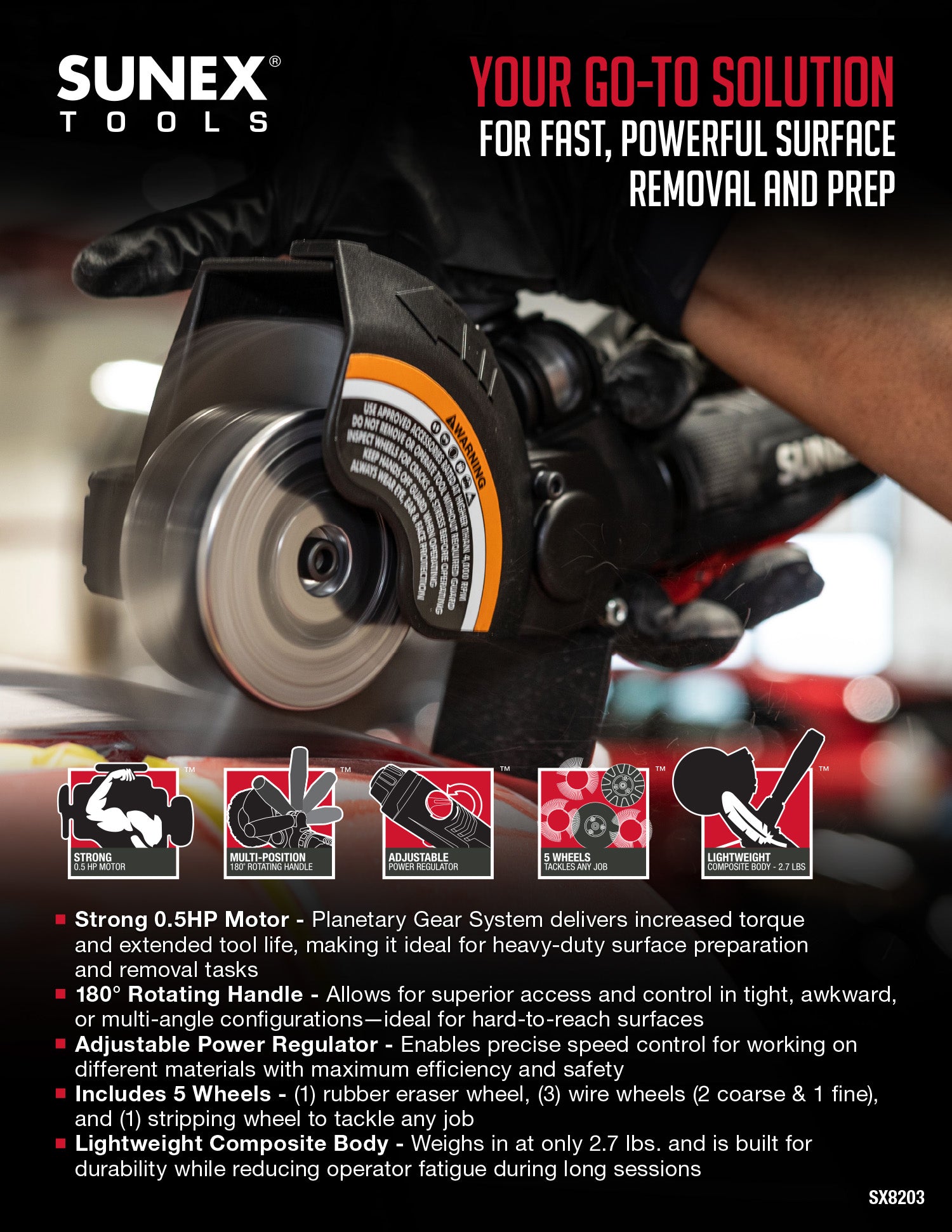 SUNEX tools surface blaster with text highlighting features on a blurred background