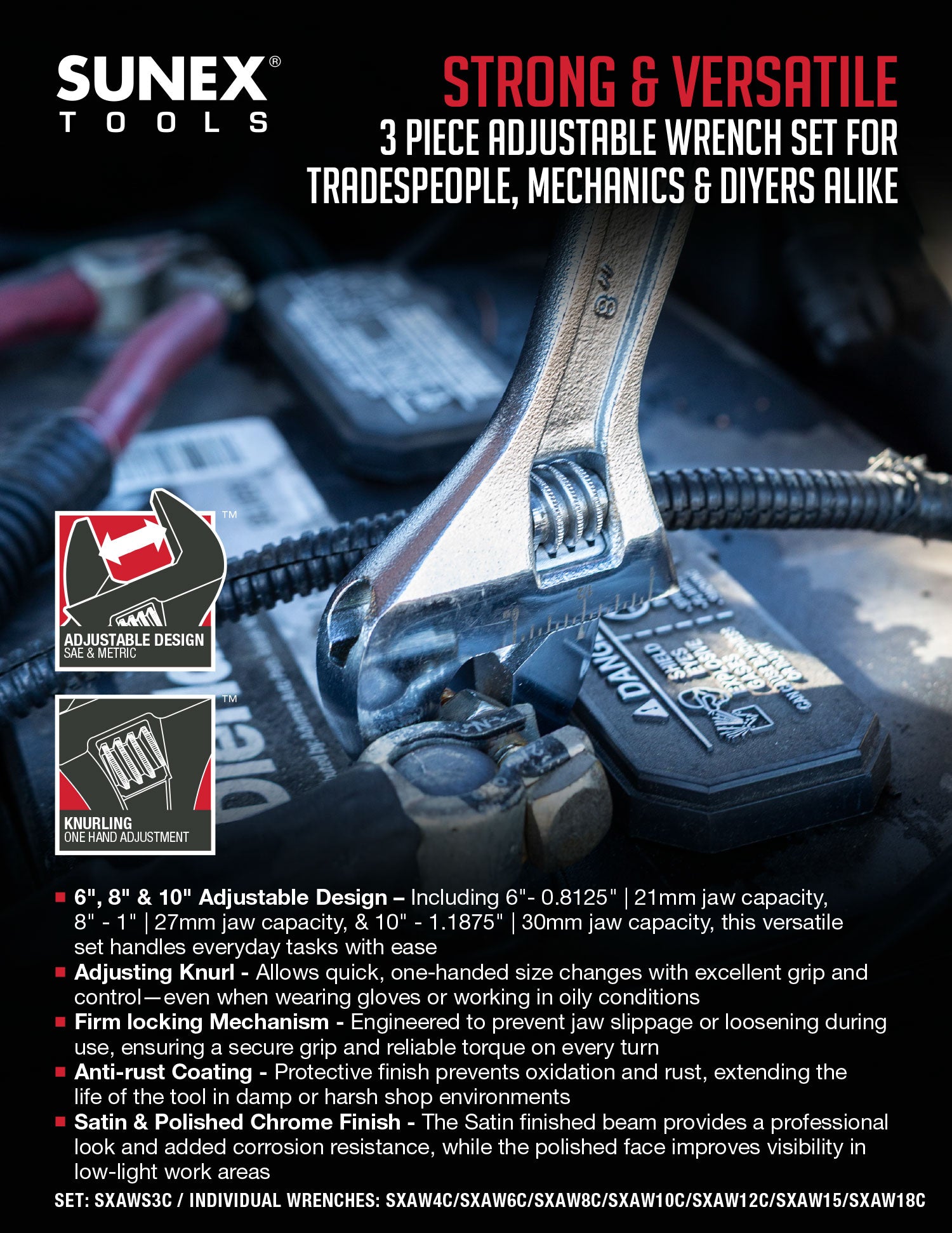 SUNEX Tools adjustable wrench set with specifications on a dark background
