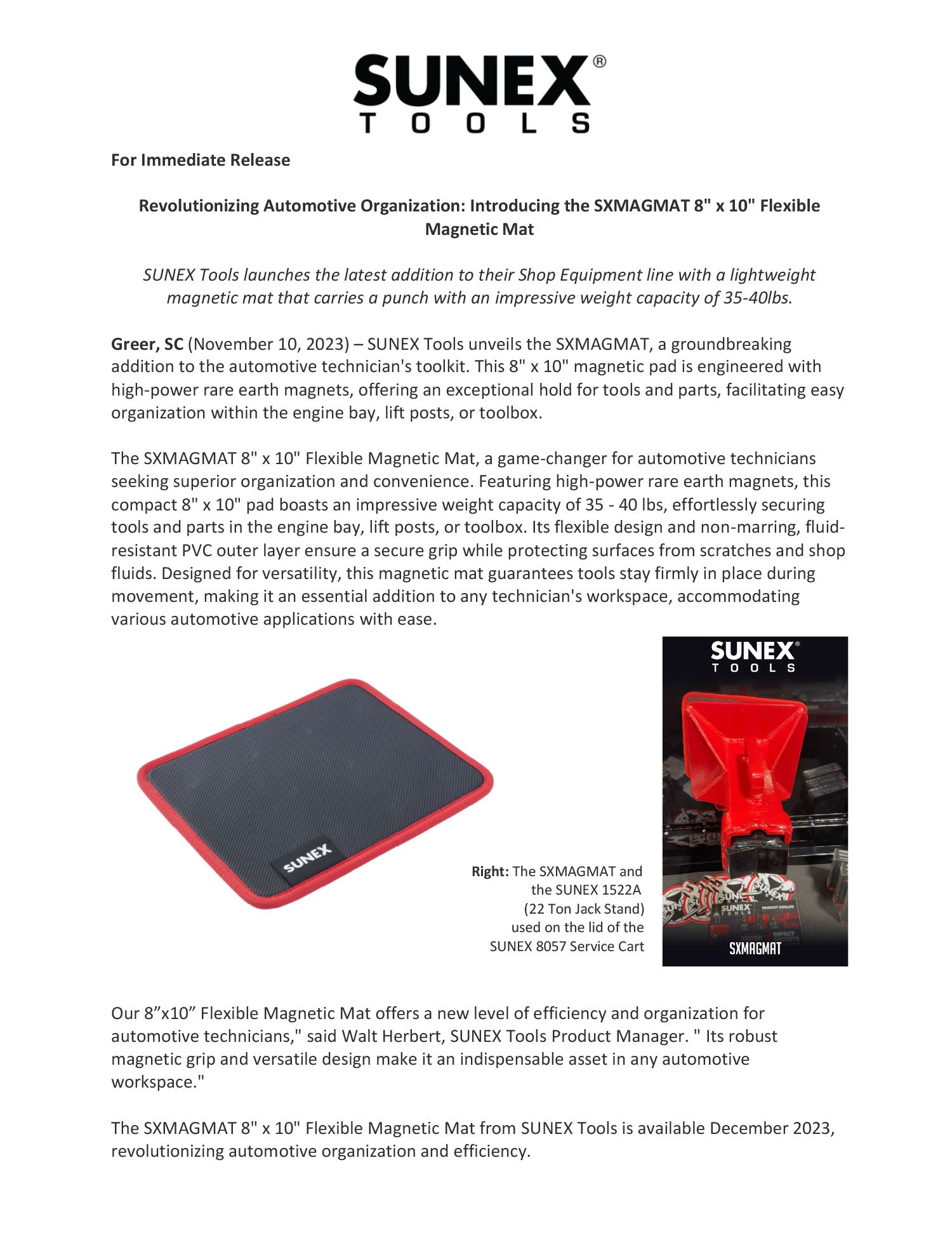 SUNEX Tools SXMAGMAT 8" x 10" Flexible Magnetic Mat Press Release