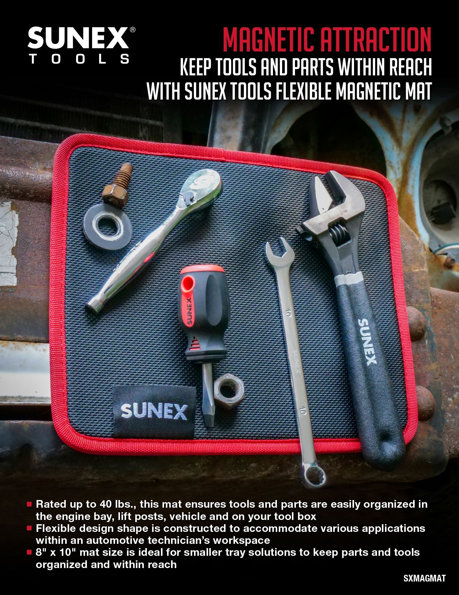 SUNEX Tools SXMAGMAT 8" x 10" Flexible Magnetic Mat being used on a vehicle that therein holds many SUNEX Tools with the interior magnets.