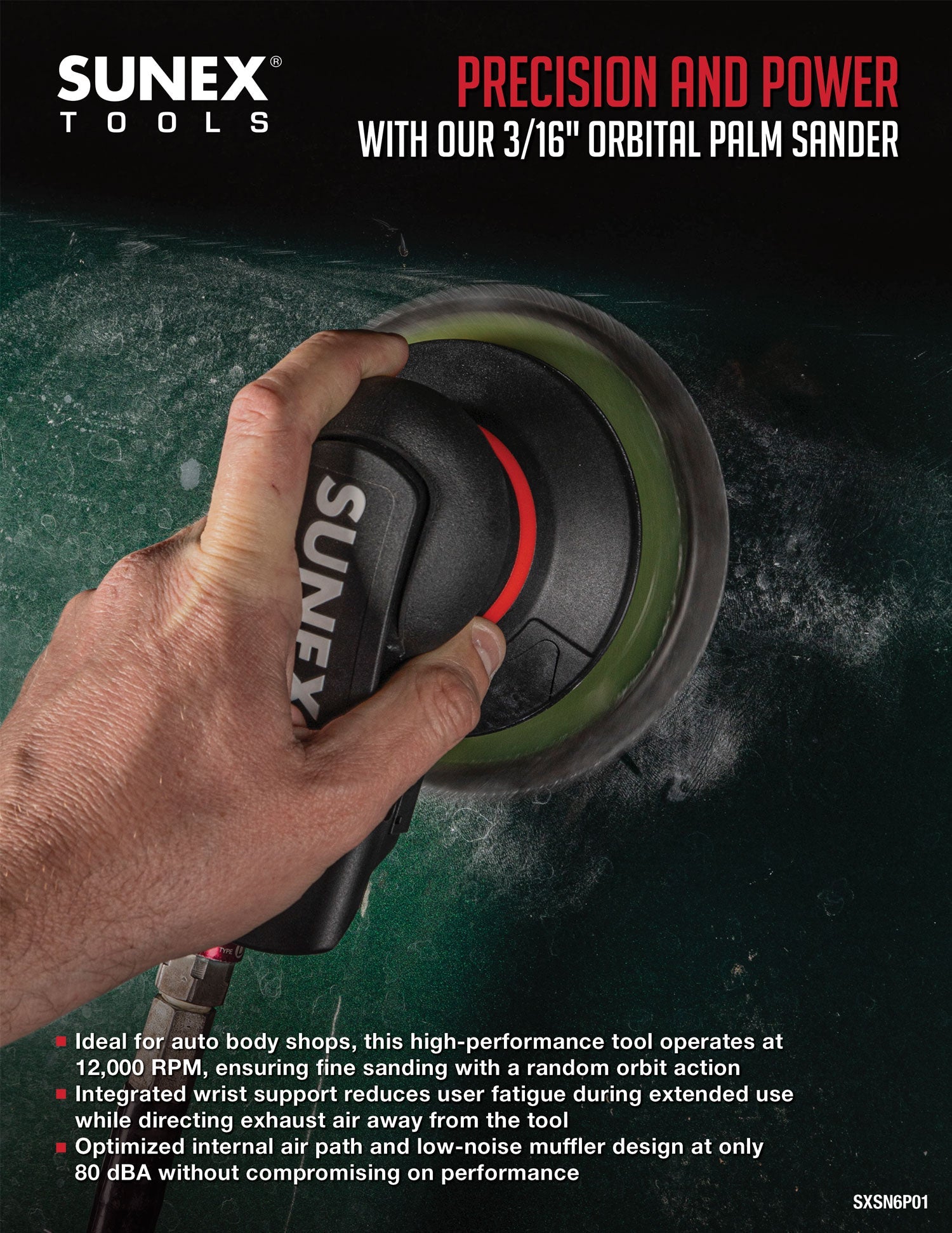 SUNEX Tools 3/16" Orbital Palm Sander, SXSN6P01, sanding a vehicle.