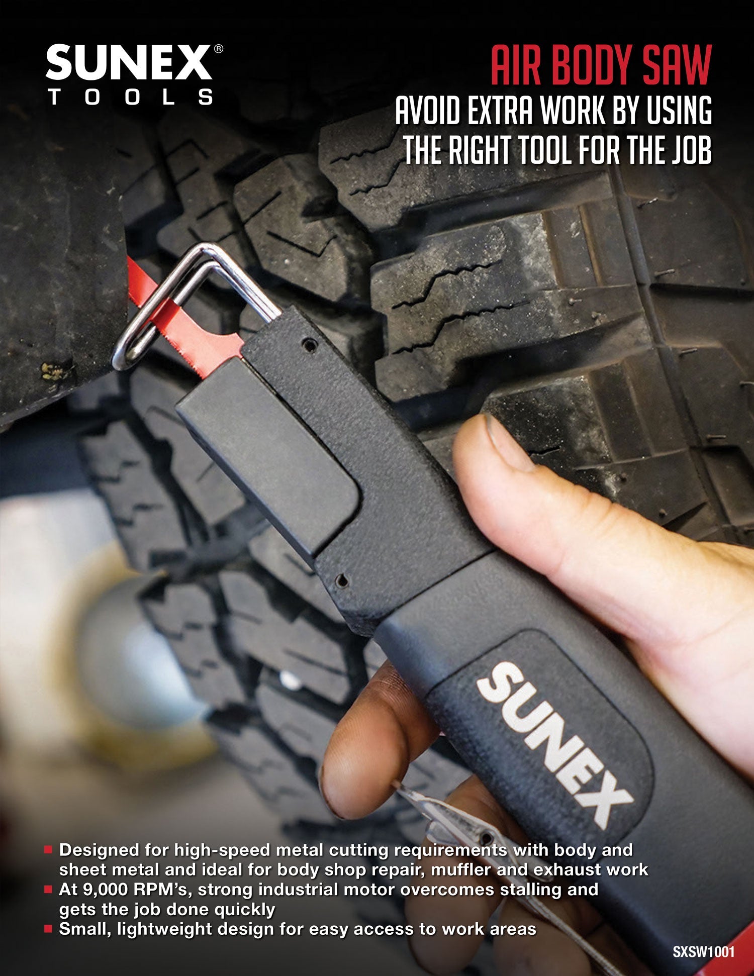 The SUNEX Tools SXS1001 Air Body Saw in a cutting application in the wheel well of a vehicle.