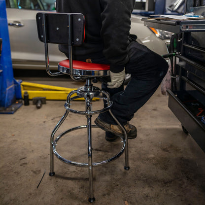 HYDRAULIC HEIGHT ADJUSTABLE SHOP STOOL WITH BACK (29" - 34" - RED/BLACK))