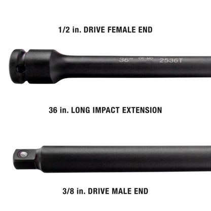 1/2" DRIVE (FEMALE END) TO 3/8" DRIVE (MALE END) 36" IMPACT EXTENSION FOR TRANSMISSIONS