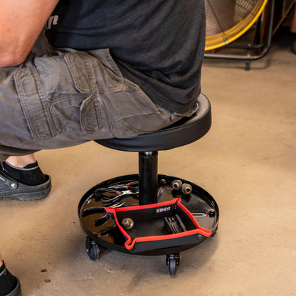 20.5” ADJUSTABLE HEIGHT SHOP SEAT WITH 1" DEEP TOOL TRAY - BLACK/RED
