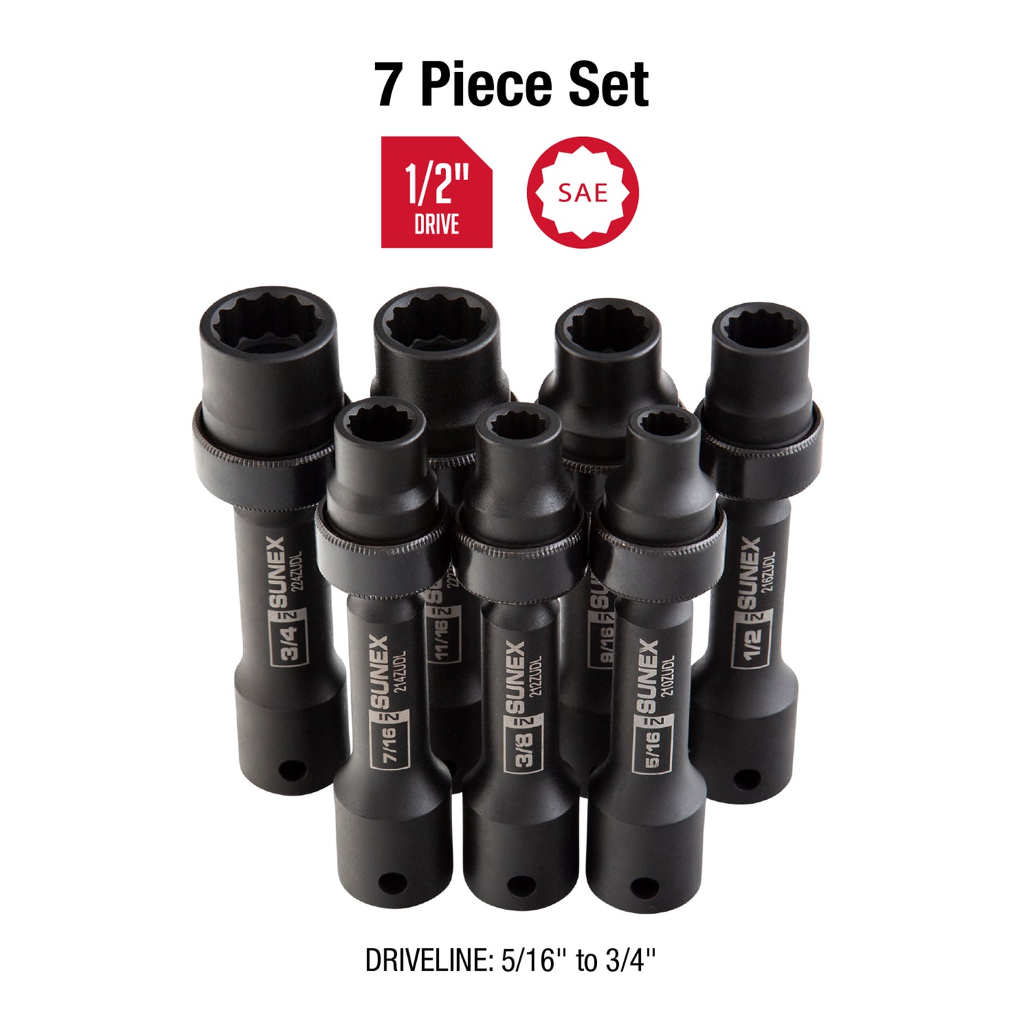 1/2" DRIVE SAE 12 POINT DRIVELINE LIMITED CLEARANCE UNIVERSAL 7-PIECE IMPACT SOCKET SET