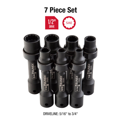 1/2" DRIVE SAE 12 POINT DRIVELINE LIMITED CLEARANCE UNIVERSAL 7-PIECE IMPACT SOCKET SET
