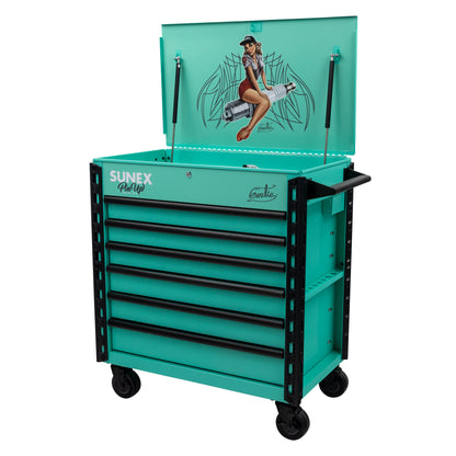 PIN-UP SERIES “GERTIE” – 39" 6 DRAWER PREMIUM SERVICE CART – ATOMIC ANGEL AQUA