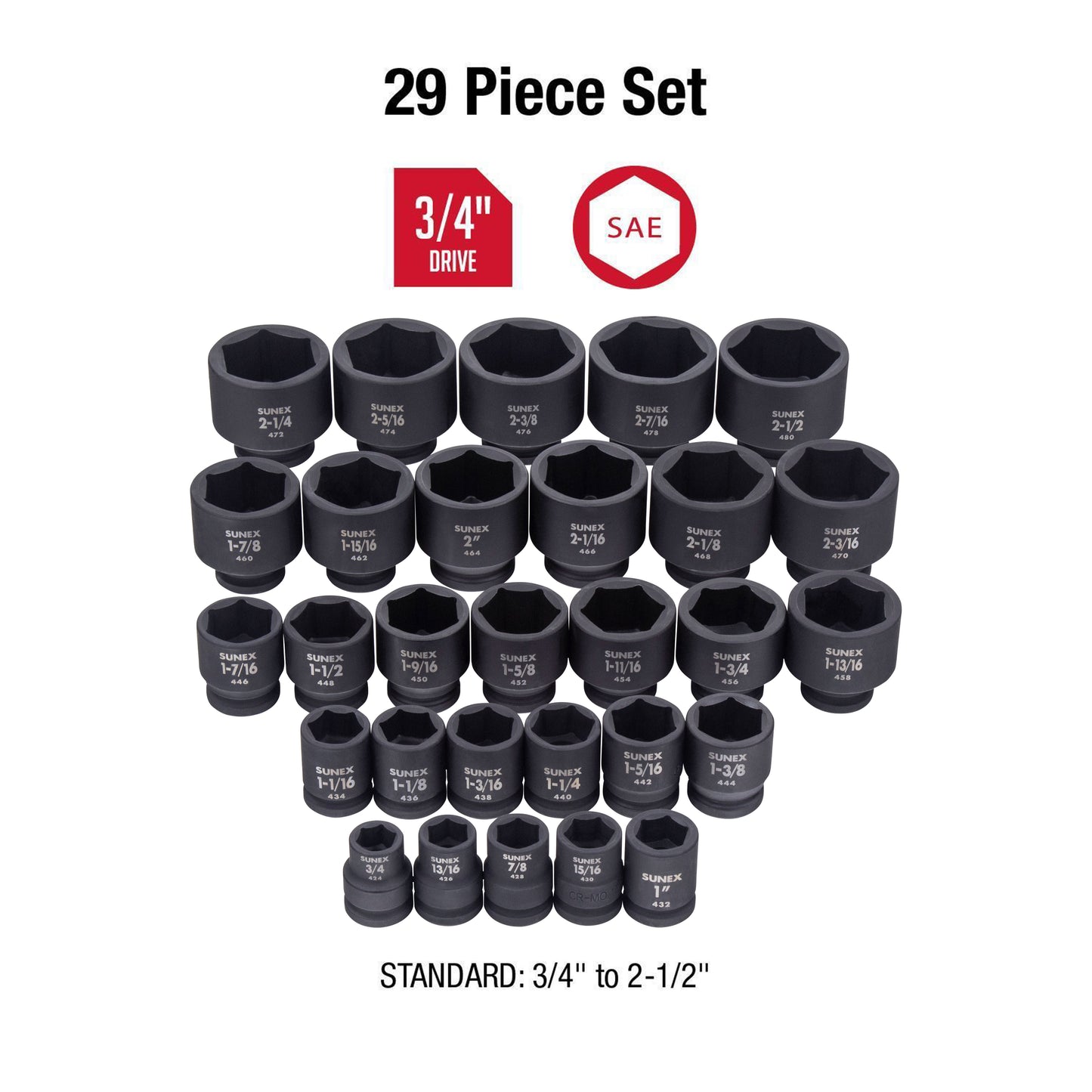 3/4" DRIVE SAE 6 POINT STANDARD 29-PIECE IMPACT SOCKET SET