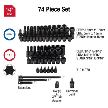 1/4" DRIVE SAE & METRIC 6 POINT STANDARD & DEEP WITH UNIVERSAL SOCKETS & STAR BIT 74-PIECE MASTER IMPACT SOCKET SET