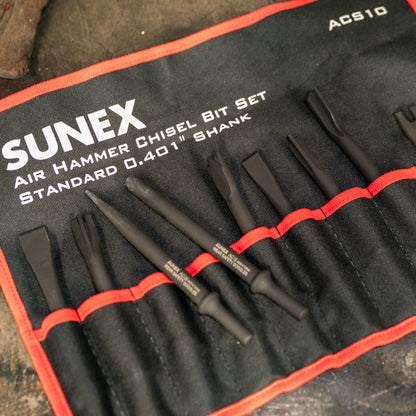 AIR HAMMER CHISEL STANDARD 10 PIECE SET IN PORTABLE TOOL ROLL