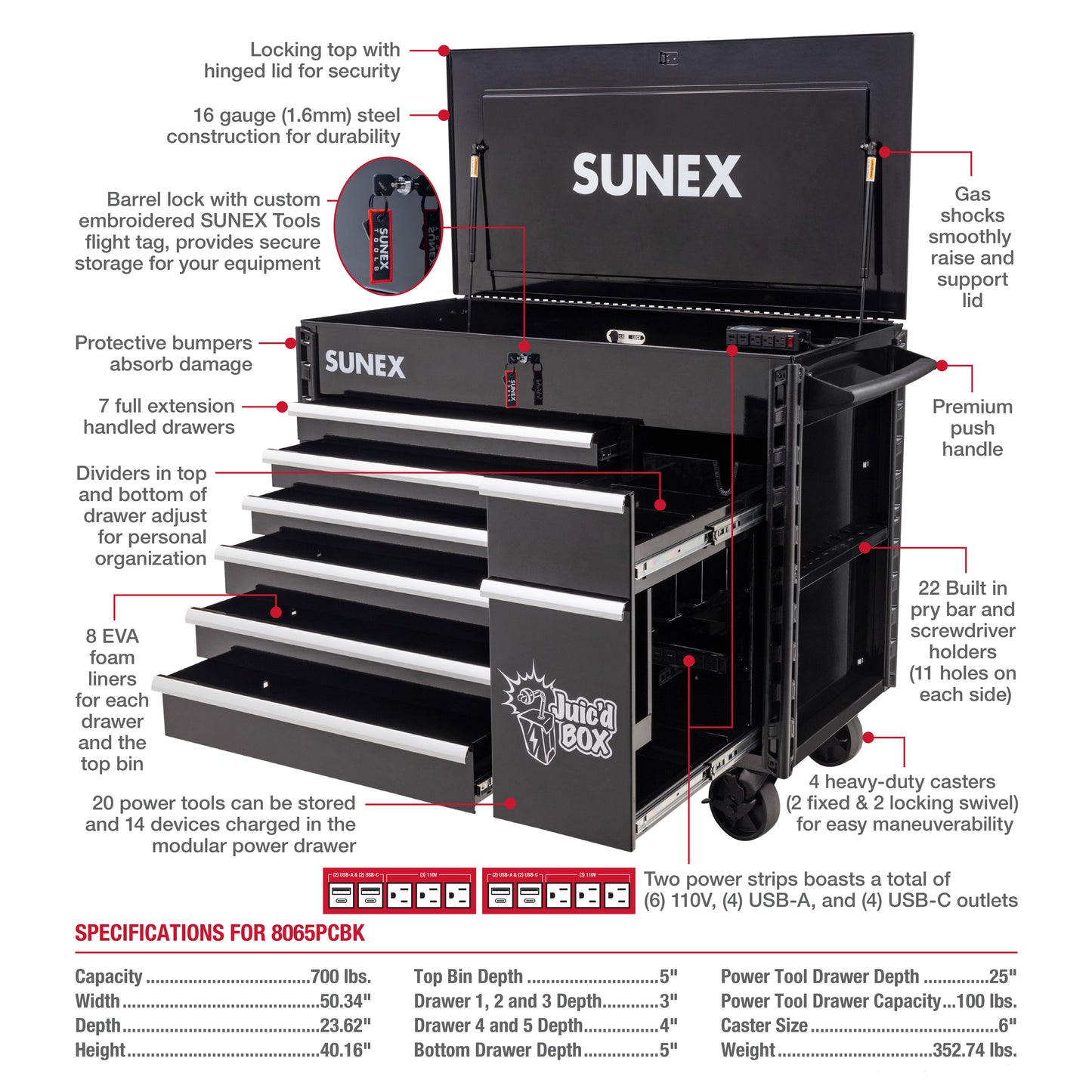 SUNEX TOOLS JUIC'D BOX 50" 7 DRAWER POWERED CART - 8065PCBK