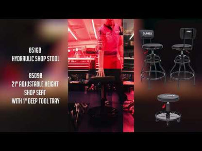 HYDRAULIC HEIGHT ADJUSTABLE SHOP STOOL WITH BACK (29" - 34" - BLACK/RED)
