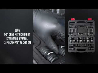 1/2" DRIVE METRIC 6 POINT STANDARD UNIVERSAL 13-PIECE IMPACT SOCKET SET