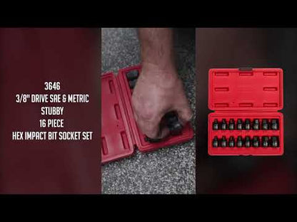3/8" DRIVE SAE & METRIC STUBBY 16-PIECE HEX IMPACT BIT SOCKET SET