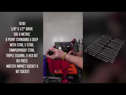 3/8" & 1/2" DRIVE SAE & METRIC 6 POINT STANDARD & DEEP WITH STAR, E-STAR, TAMPERPROOF STAR, TRIPLE SQUARE, & HEX BIT 181-PIECE MASTER IMPACT SOCKET & BIT SOCKET SET