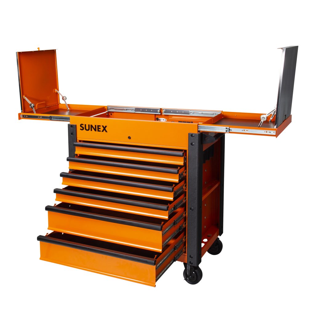 6-Drawer Slide Top Service Cart with Power Strip- Orange - SUNEX Tools