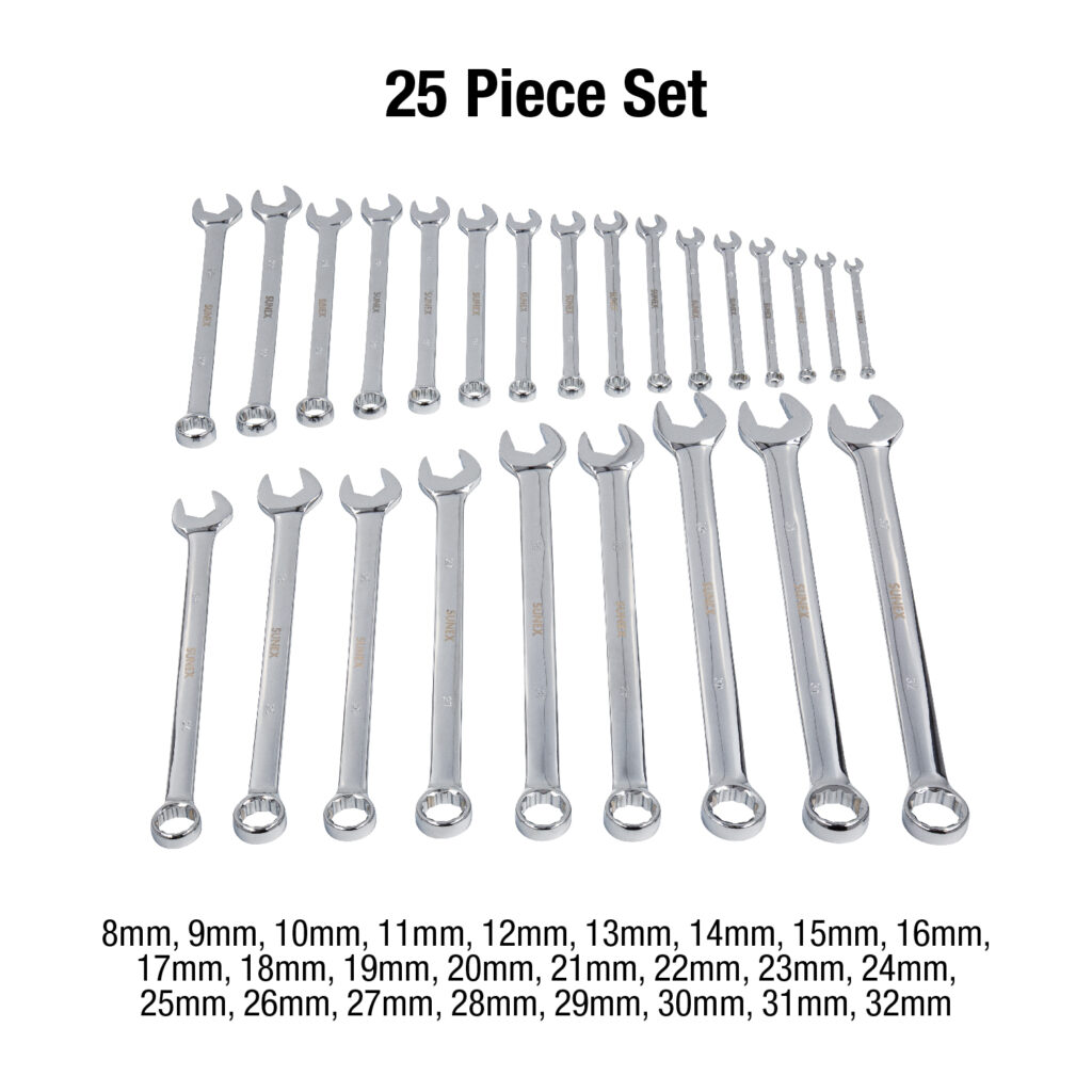 25 Piece Metric Full Polished VGroove Combination Wrench Set SUNEX Tools