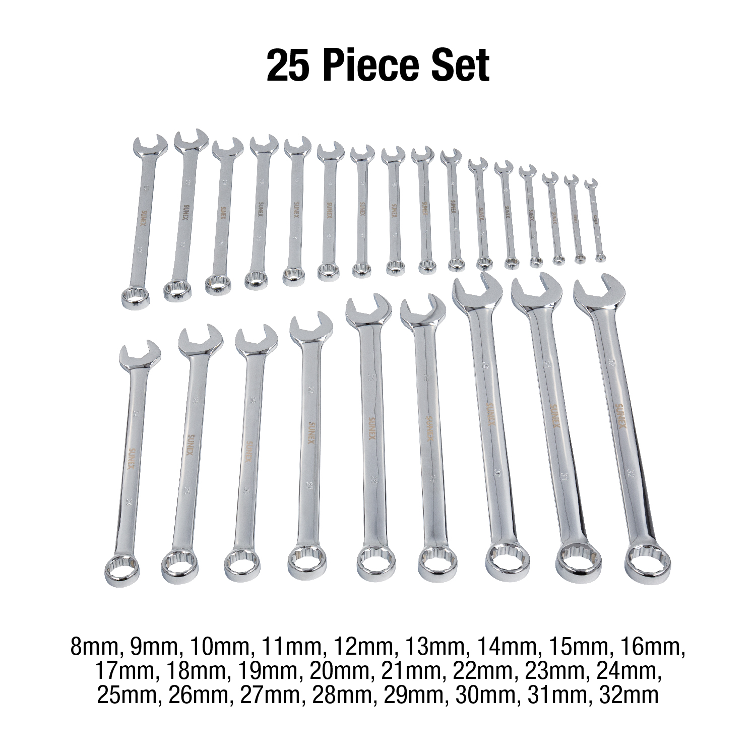 25 Piece Metric Full Polished V-Groove Combination Wrench Set